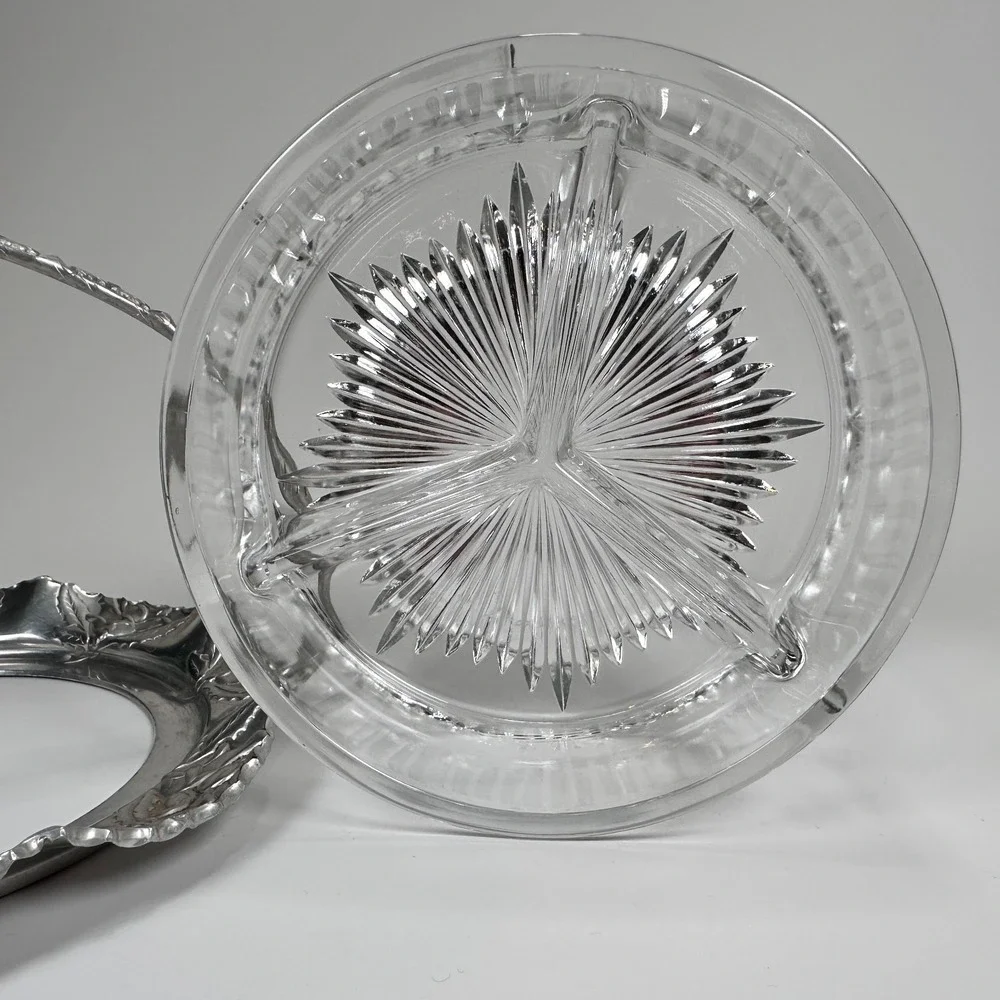 VTG Hand Wrought Hammered Aluminum Server Divided Glass Dish w/ Handle Floral 7